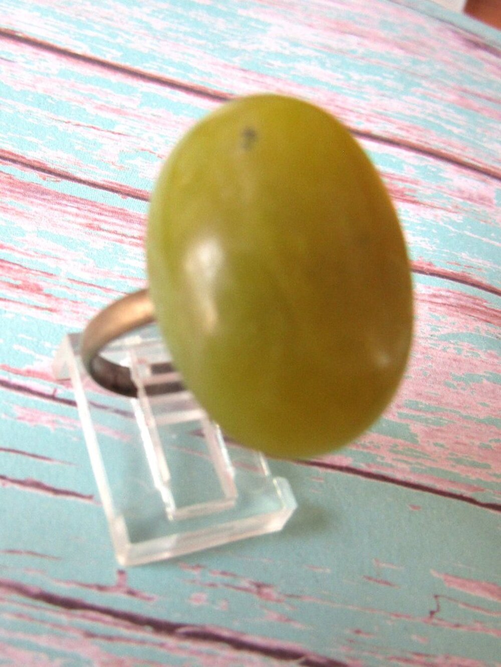 Large Jade Color Jasper Stone Ring Antique Gold Adjustable Band Size 7-8